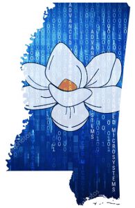 map of Mississippi with magnolia flower and binary code in background