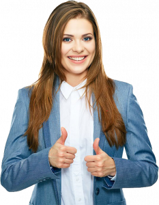 woman in blazer holding two thumbs up
